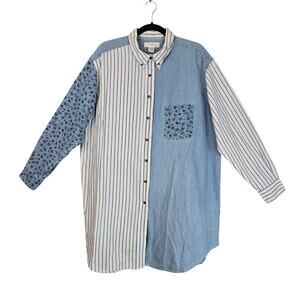 VINTAGE Nordstrom Lingerie Shirt Womens XL Chambray Stripe Floral Patchwork 90s